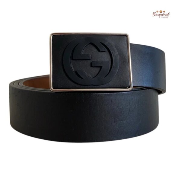 Authentic Gucci Black Calfskin Leather Interlocking G Plaque Buckle Belt 105/42